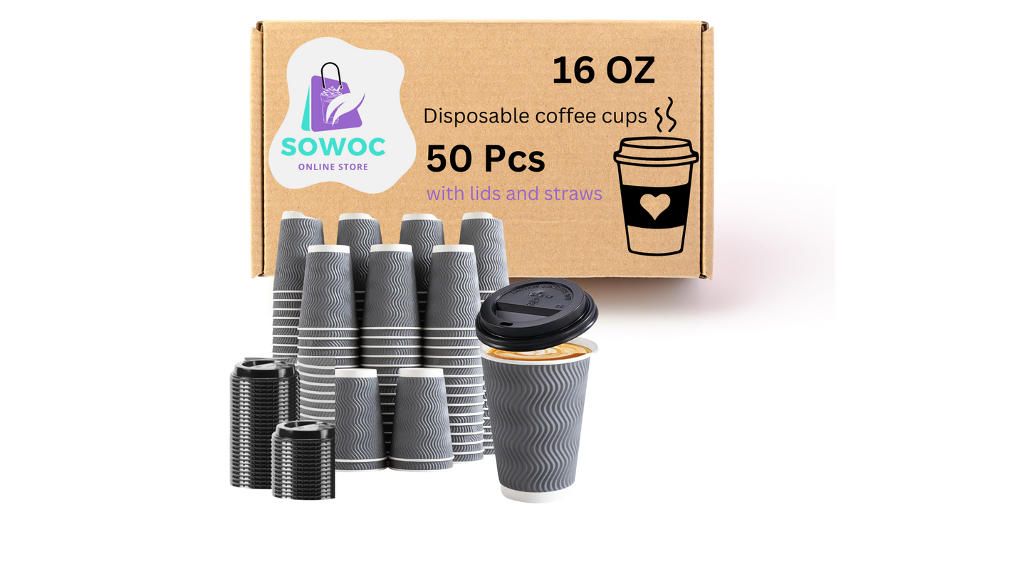 50 Pack - 16 oz Insulated Disposable Coffee Cups with Lids and staws-Gray