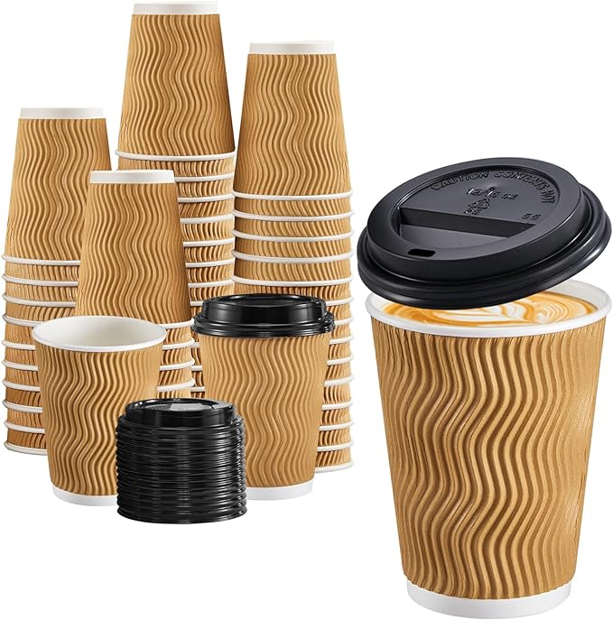 50 Pack - 16 oz Insulated Disposable Coffee Cups with Lids and staws-Champagne