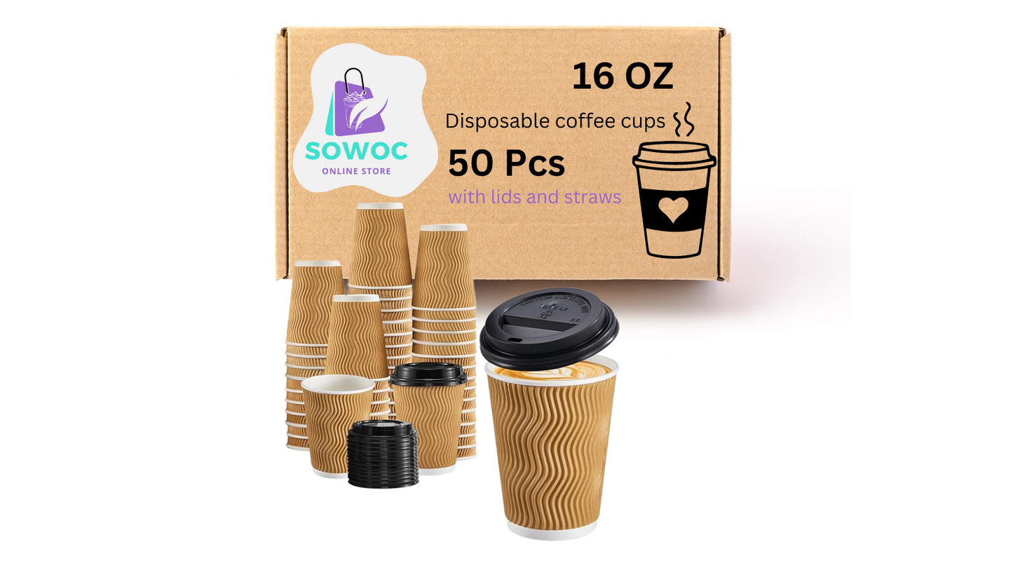 50 Pack - 16 oz Insulated Disposable Coffee Cups with Lids and staws-Champagne