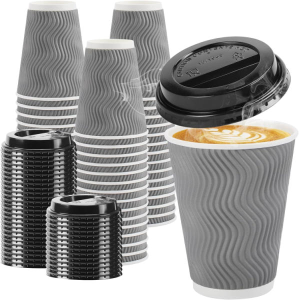 50 Pack - 16 oz Insulated Disposable Coffee Cups with Lids and staws-Gray