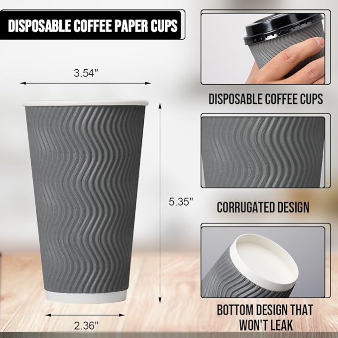 50 Pack - 16 oz Insulated Disposable Coffee Cups with Lids and staws-Gray